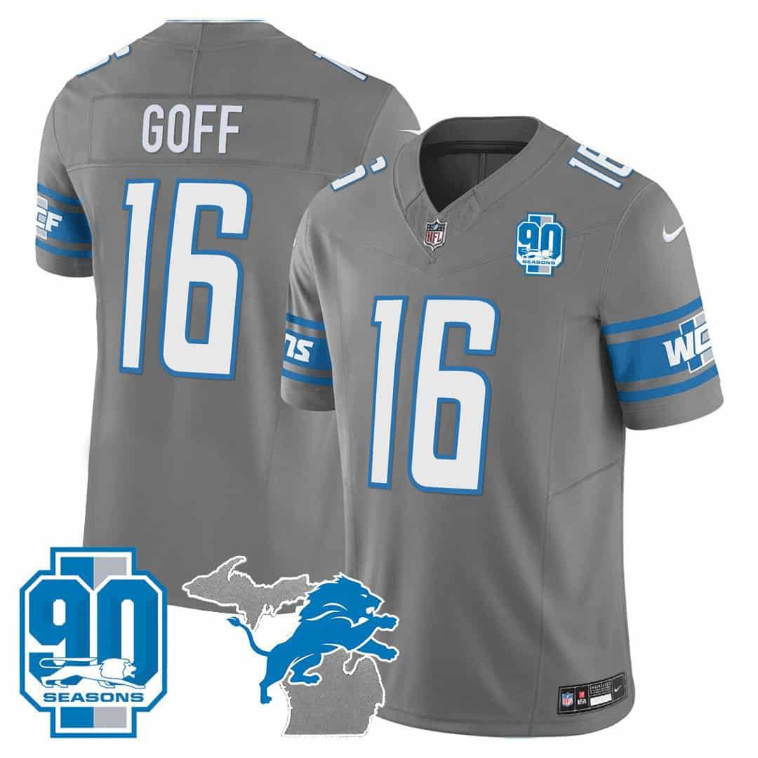Men Detroit Lions #16 Goff Grey 2024 Nike 90th Year Michigan Patch Vapor NFL Jersey
